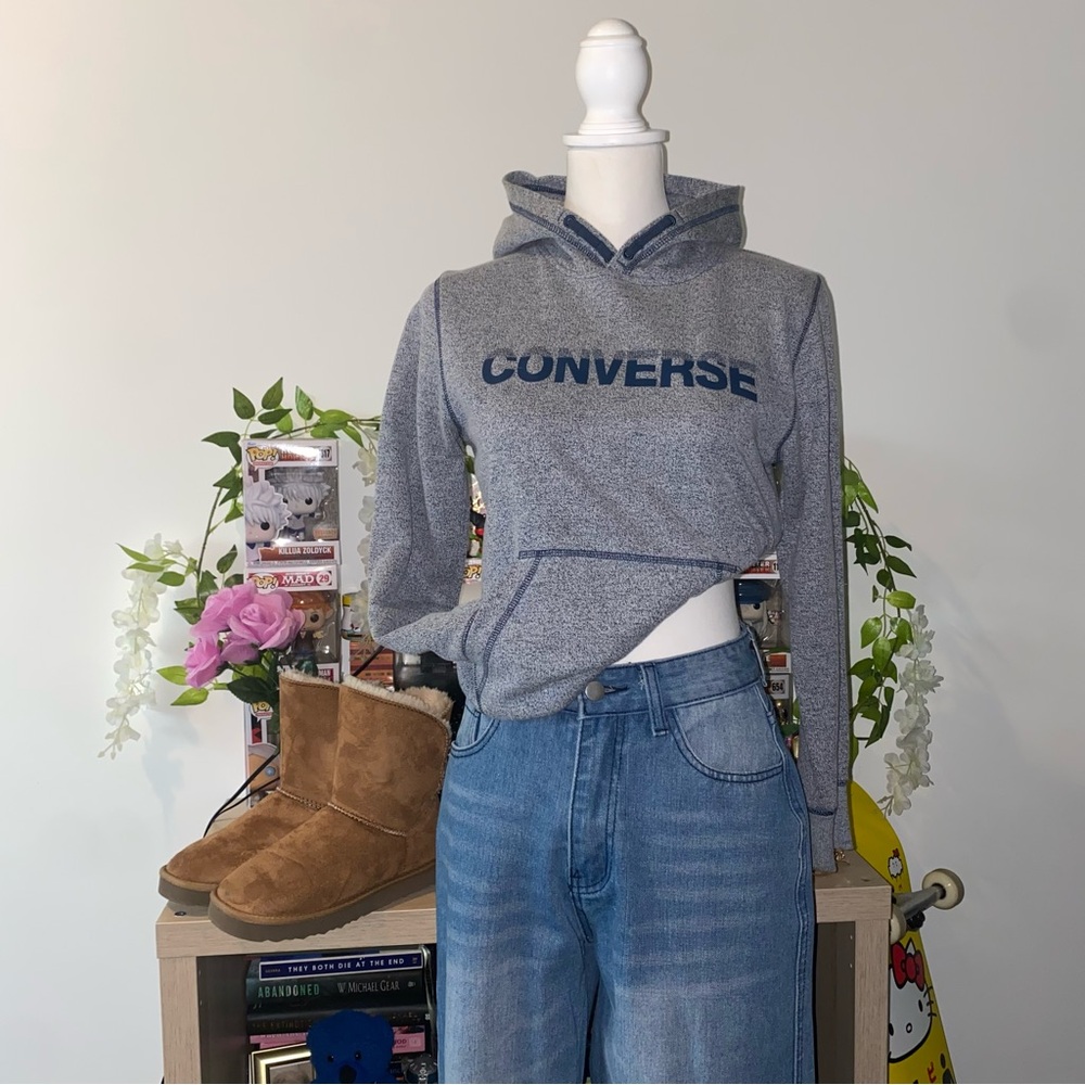 KIDS MEDIUM 2000s style grey converse spellout hoodie with navy blue logo